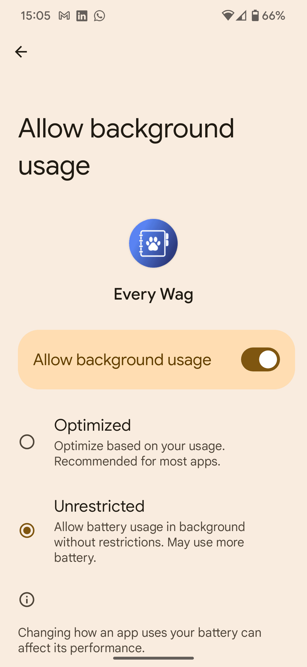 Android battery optimization settings showing unrestricted mode