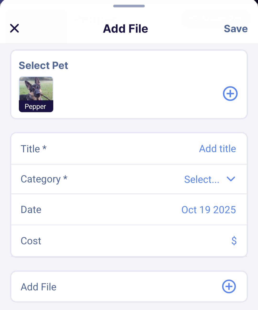 Form to add a document and track an expense.