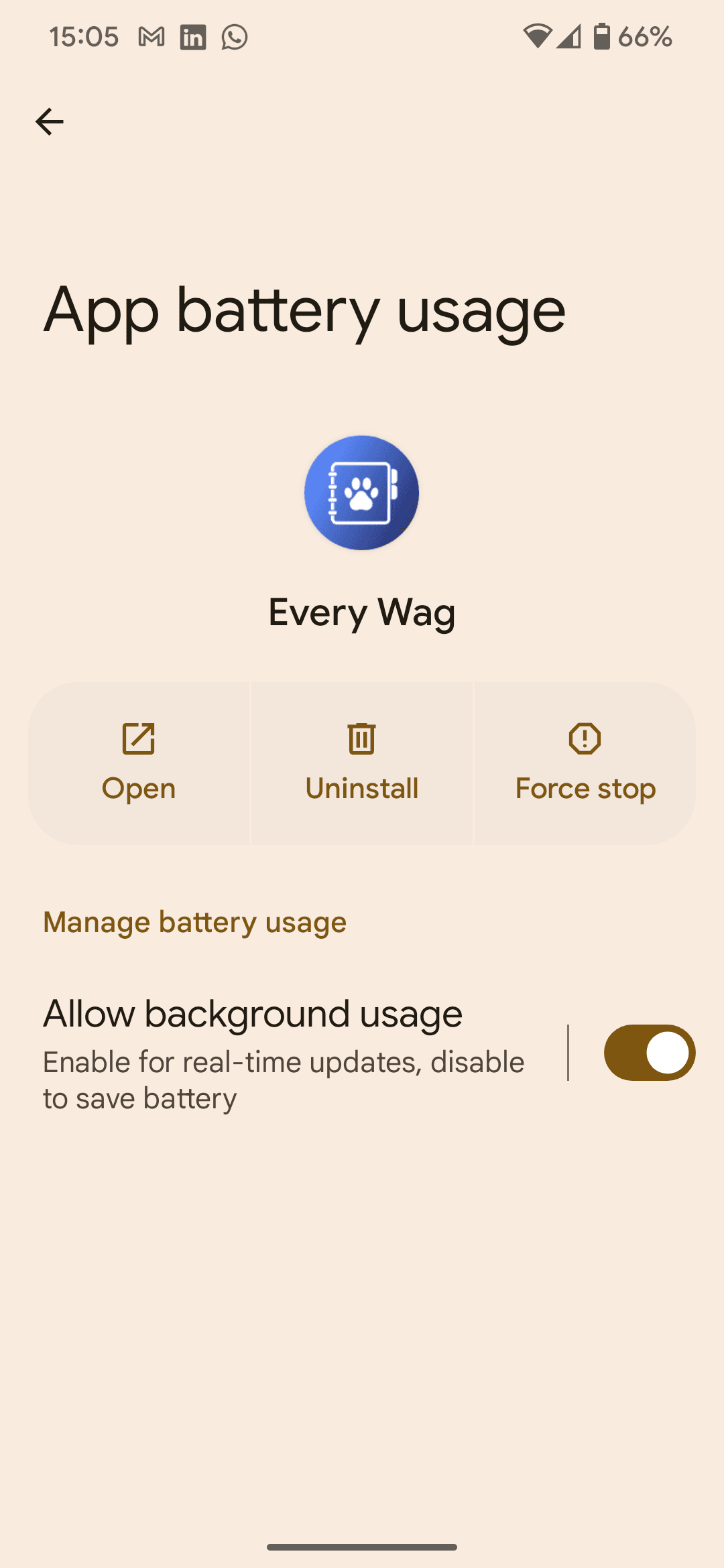 Android app battery usage screen with background usage options