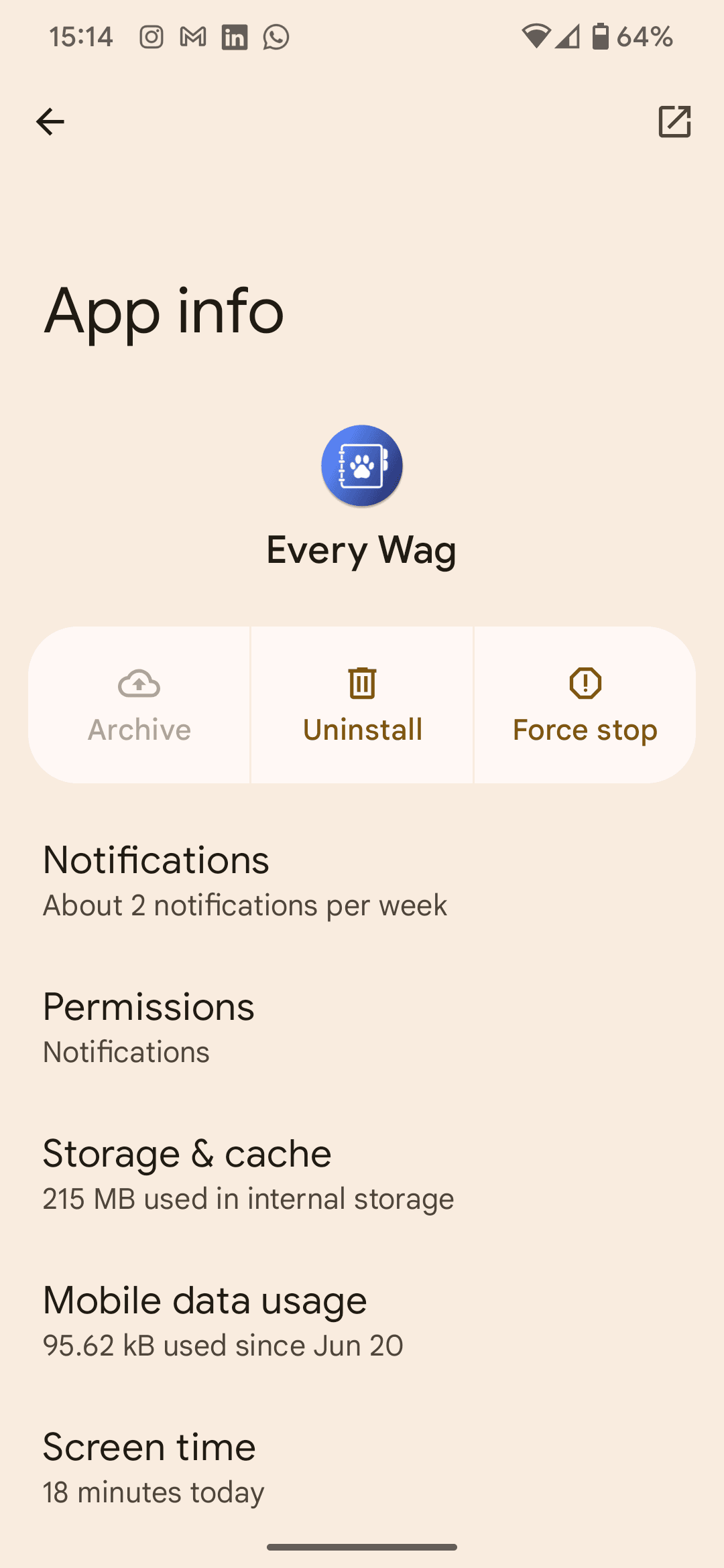 Phone app settings screen showing the Every Wag app
