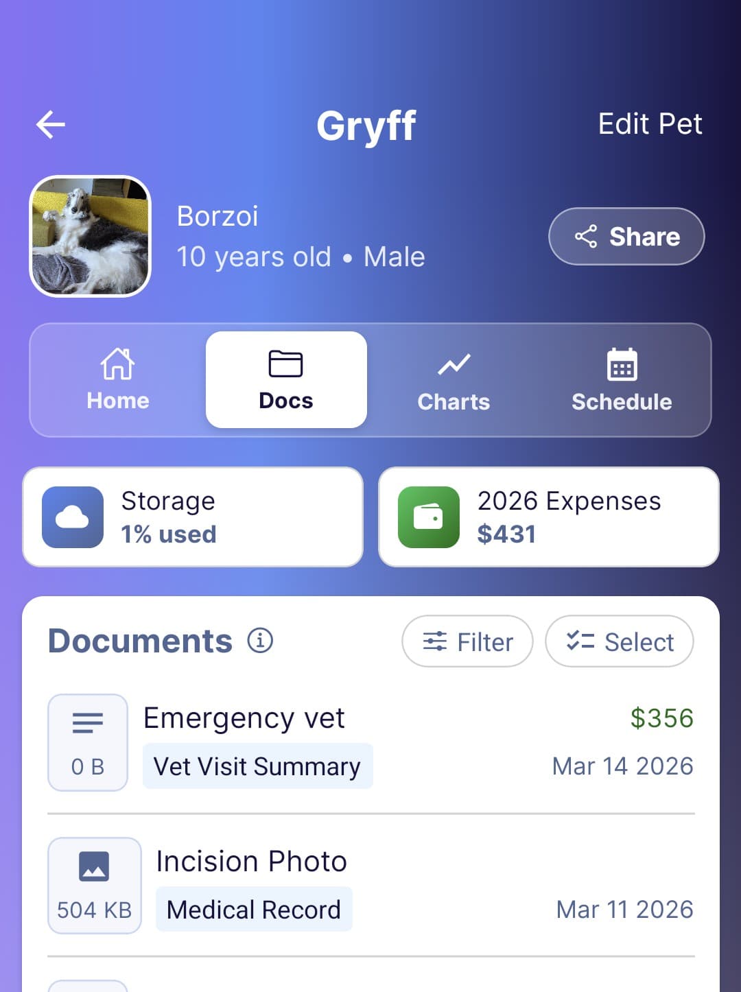 Pet profile documents page view