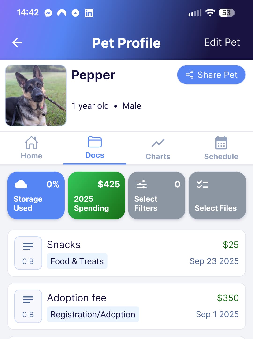 Pet profile documents page view