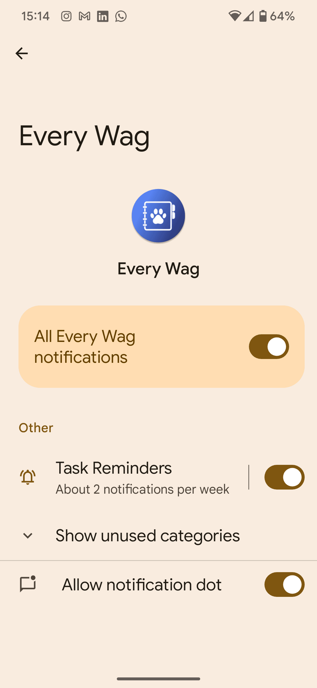 Phone notification settings screen for the Every Wag app