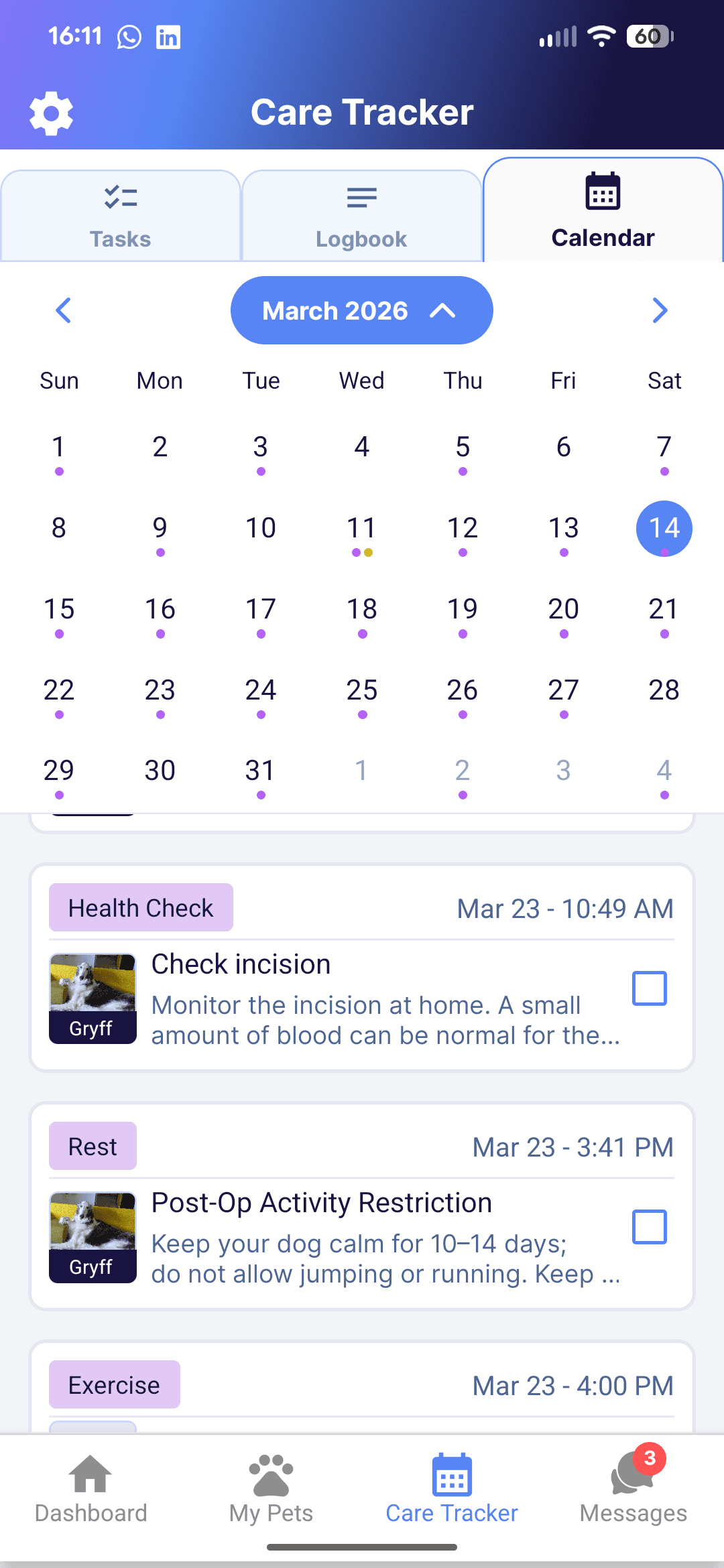 The Every Wag app's care calendar with a task on most days and a Post-Op Activity Restriction reminder: keep your dog calm for 10 to 14 days, no jumping or running