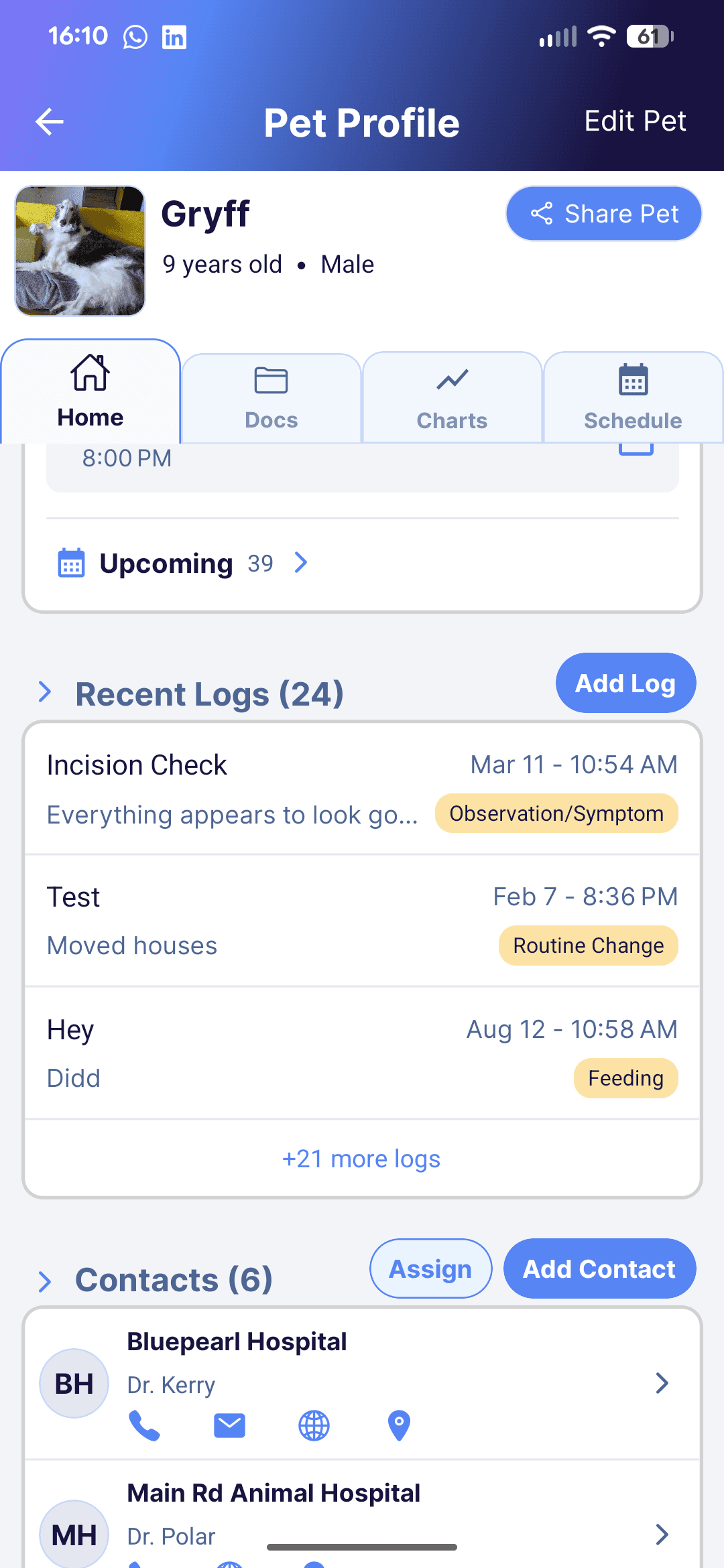 Every Wag pet profile showing recent symptom and behavior logs.