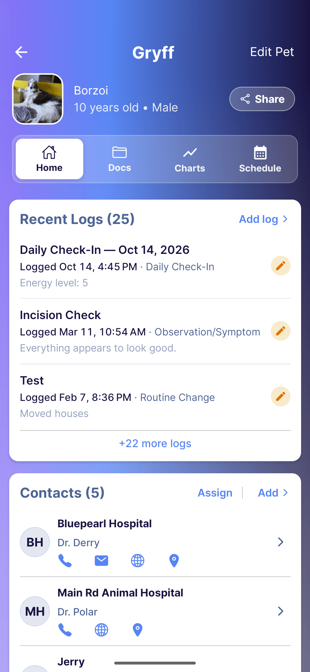 Every Wag pet profile showing recent symptom and behavior logs