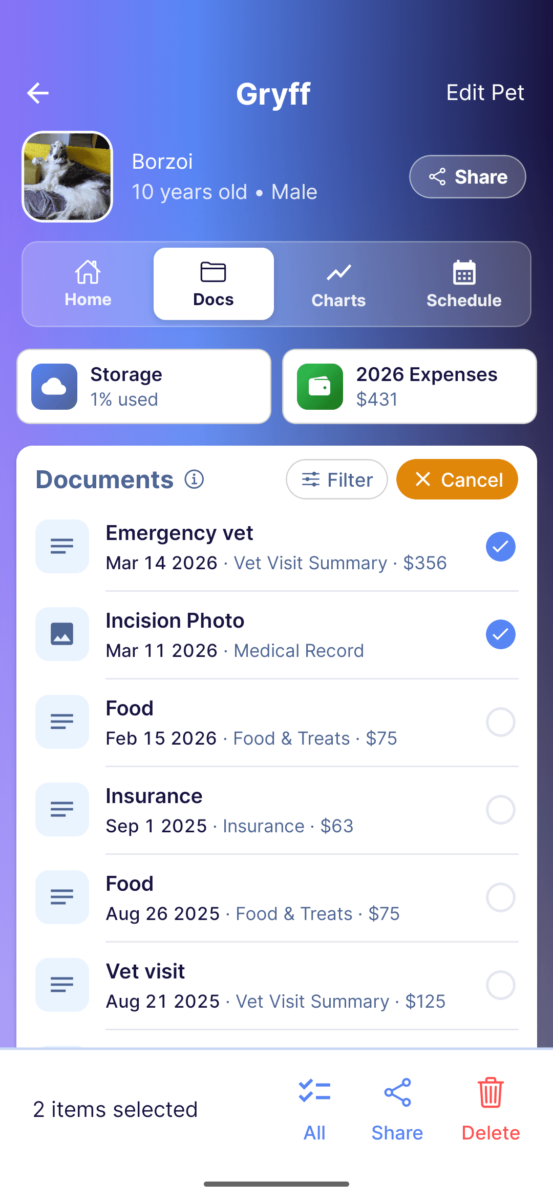 Every Wag documents screen with sharing options