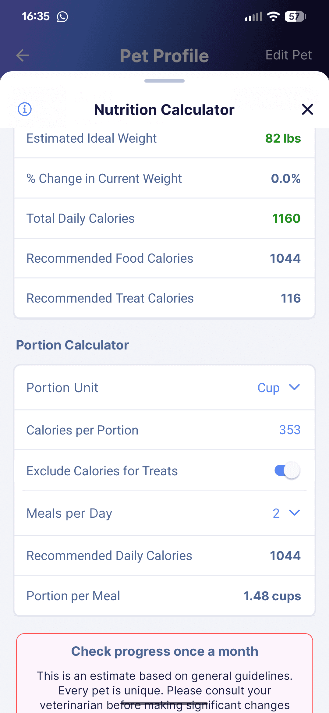 Every Wag portion calculator showing calorie and serving recommendations.