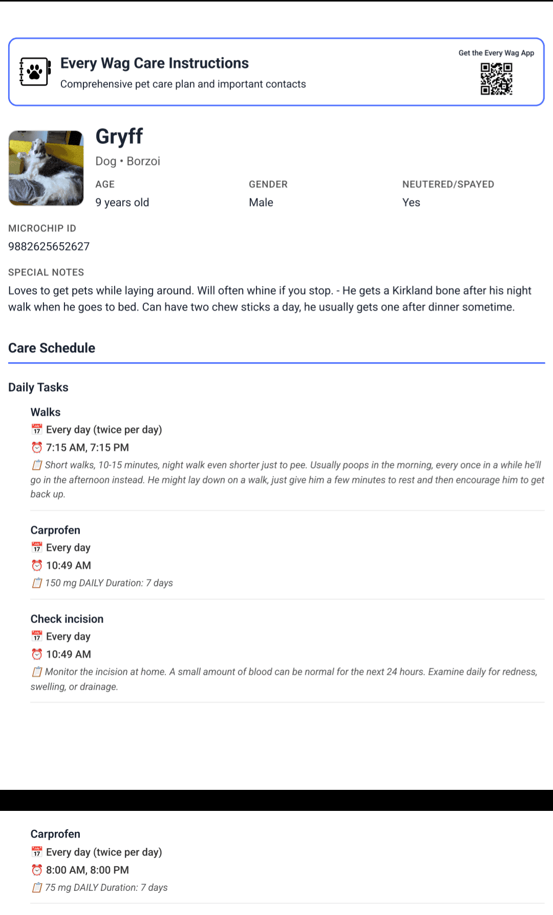 Every Wag care instruction guide shared as a mobile-friendly handoff document.