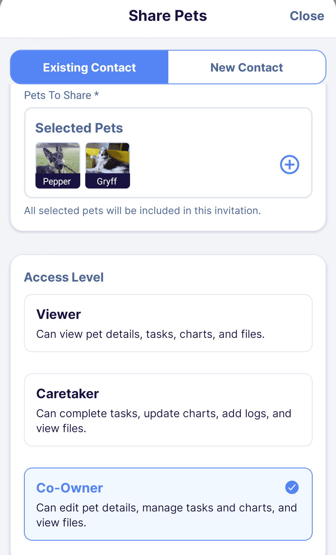 Every Wag share pets screen showing invitation options and access levels.