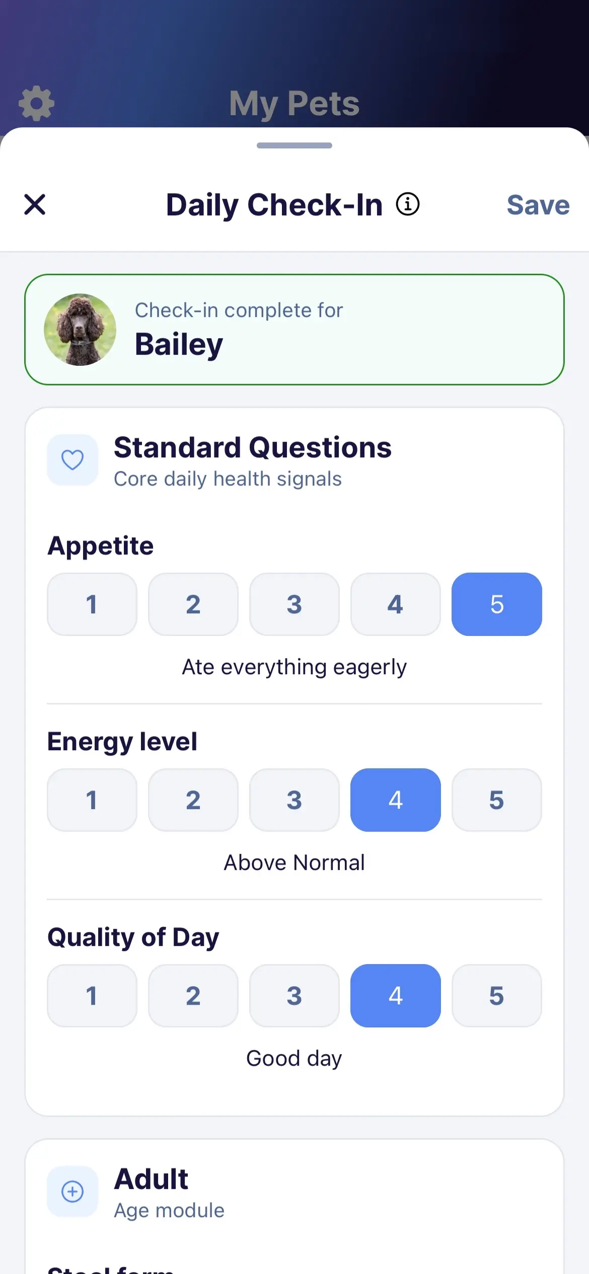 Every Wag Daily Check-In screen for logging a pet's day