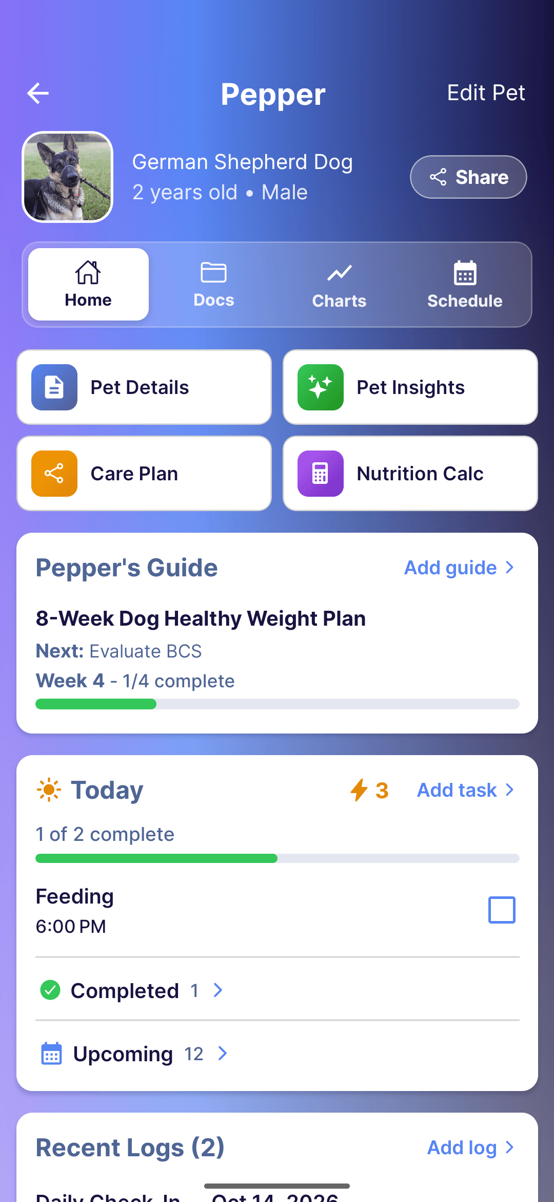 Every Wag app showing a care guide with week tasks and progress