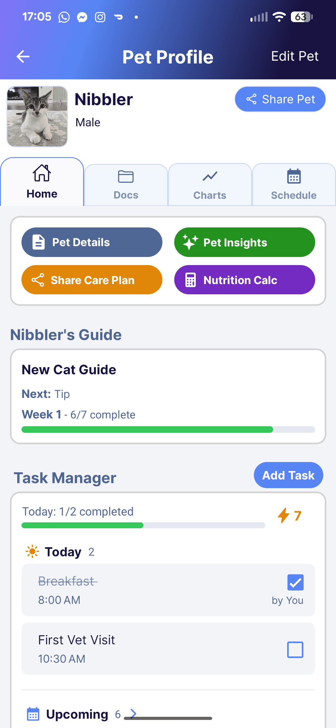 Every Wag app showing a care guide with week tasks and progress