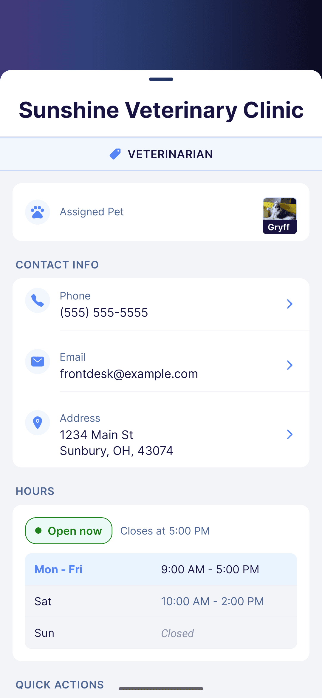 Every Wag clinic contact card with phone, email, address, and opening hours