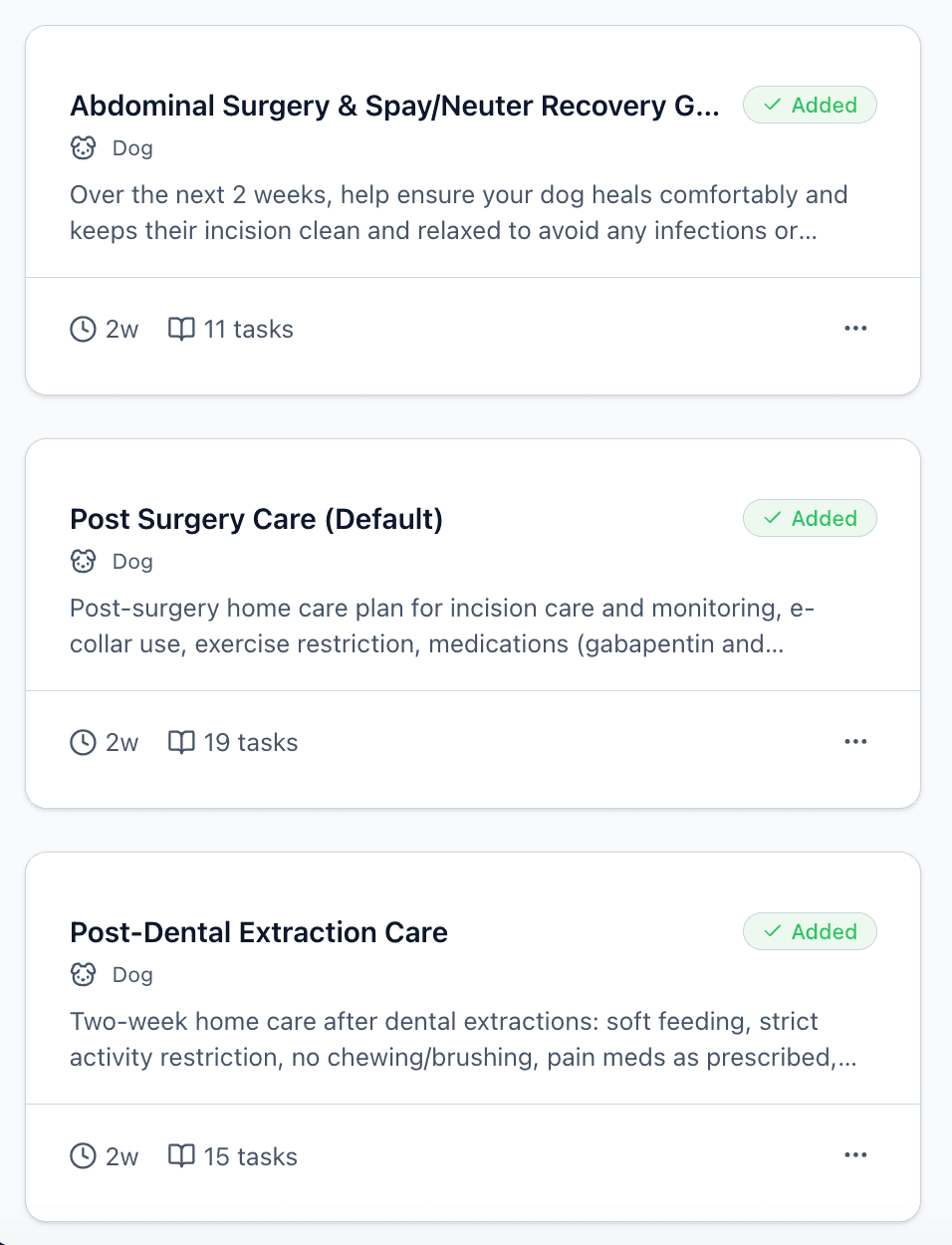 Care guide library showing discharge and recovery guide cards