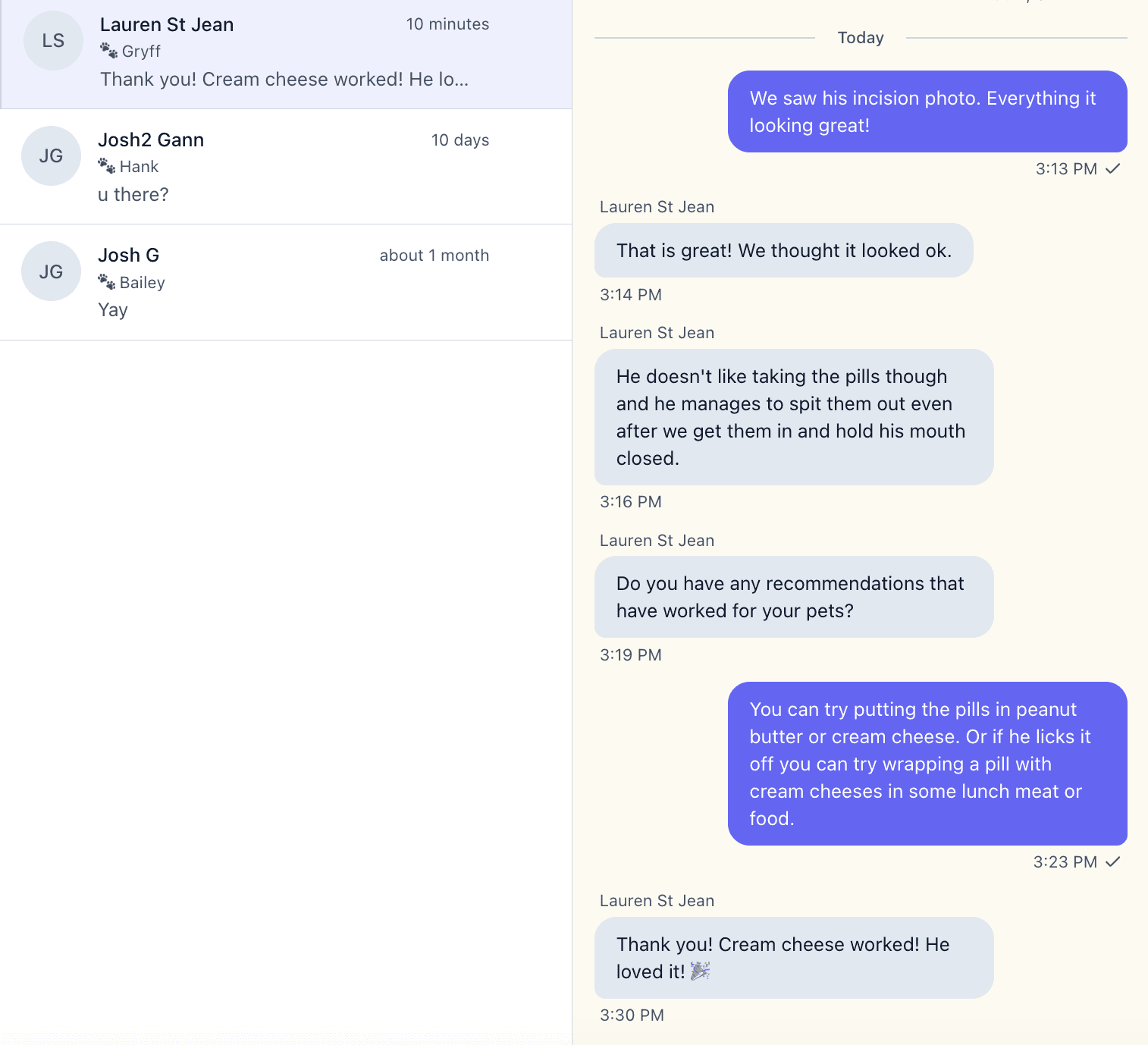 Client communication view with message list and conversation history