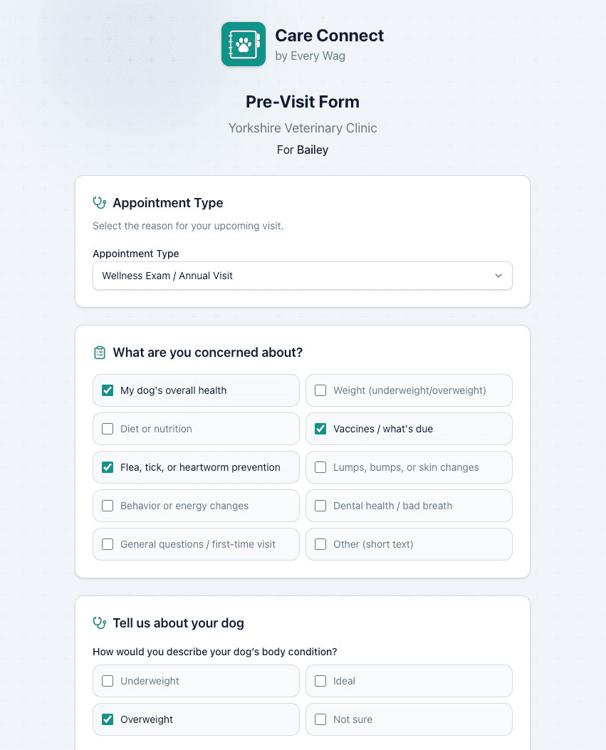Care Connect pre-visit form with appointment type, concern checklist, and patient details