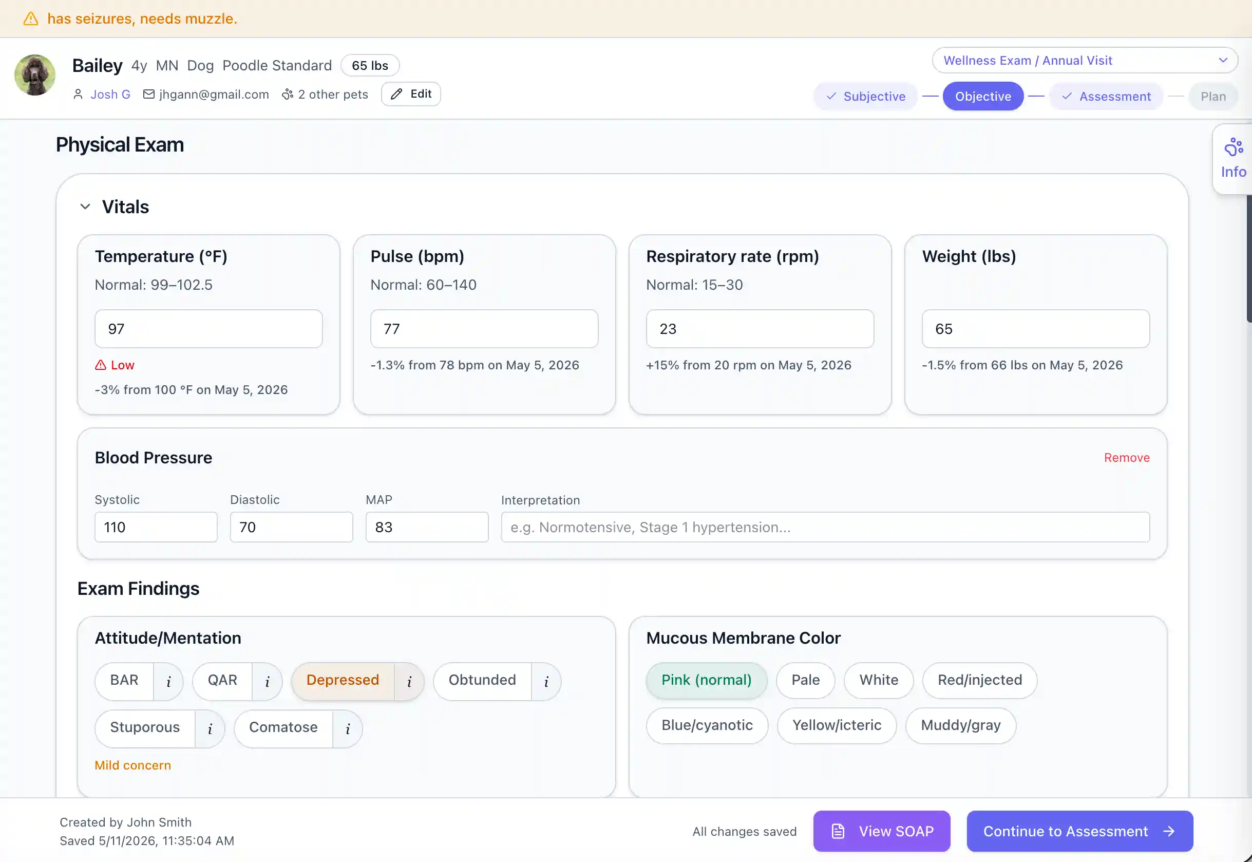 Care Connect exam workflow with structured findings and SOAP documentation
