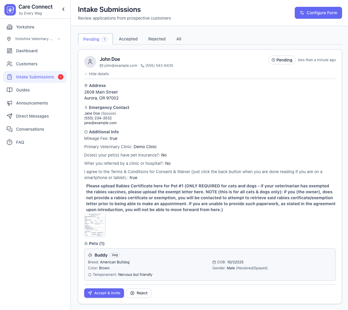 Care Connect intake submissions dashboard showing new client application details