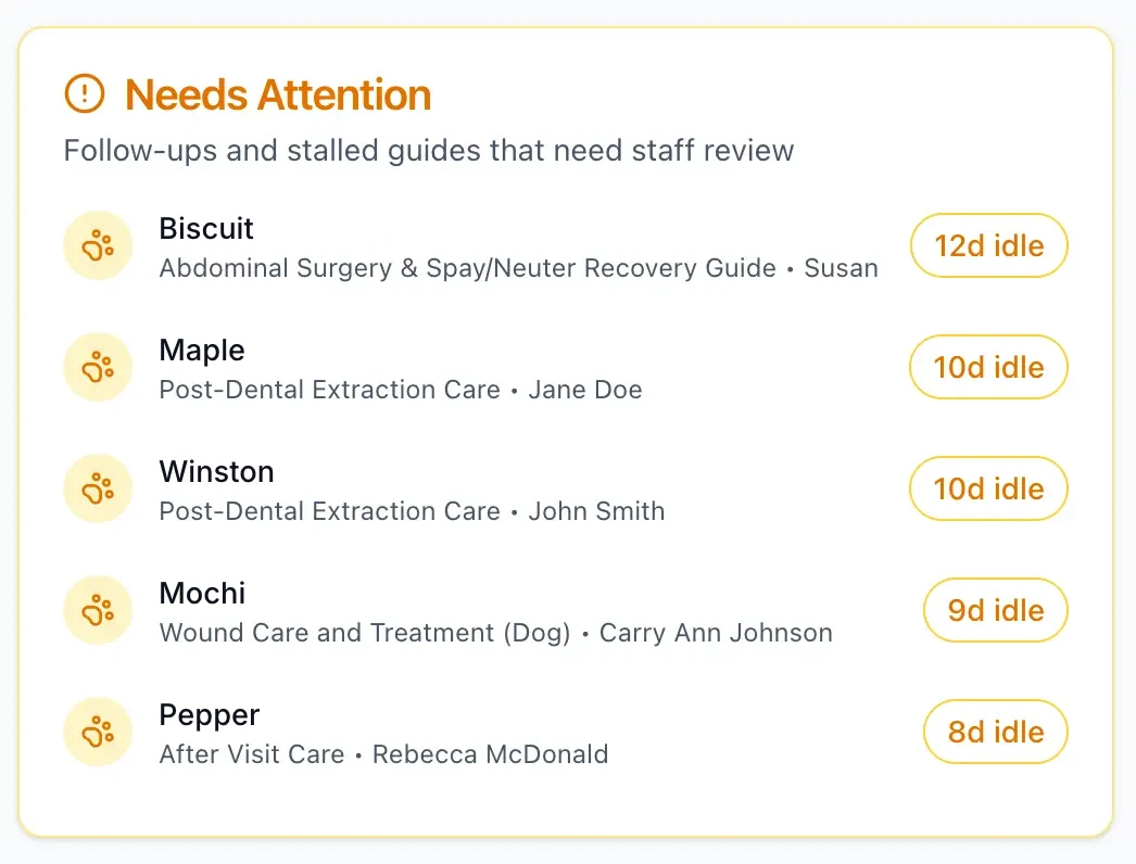 Care Connect's Needs Attention list showing five patients whose recovery guides have gone idle for 8 to 12 days