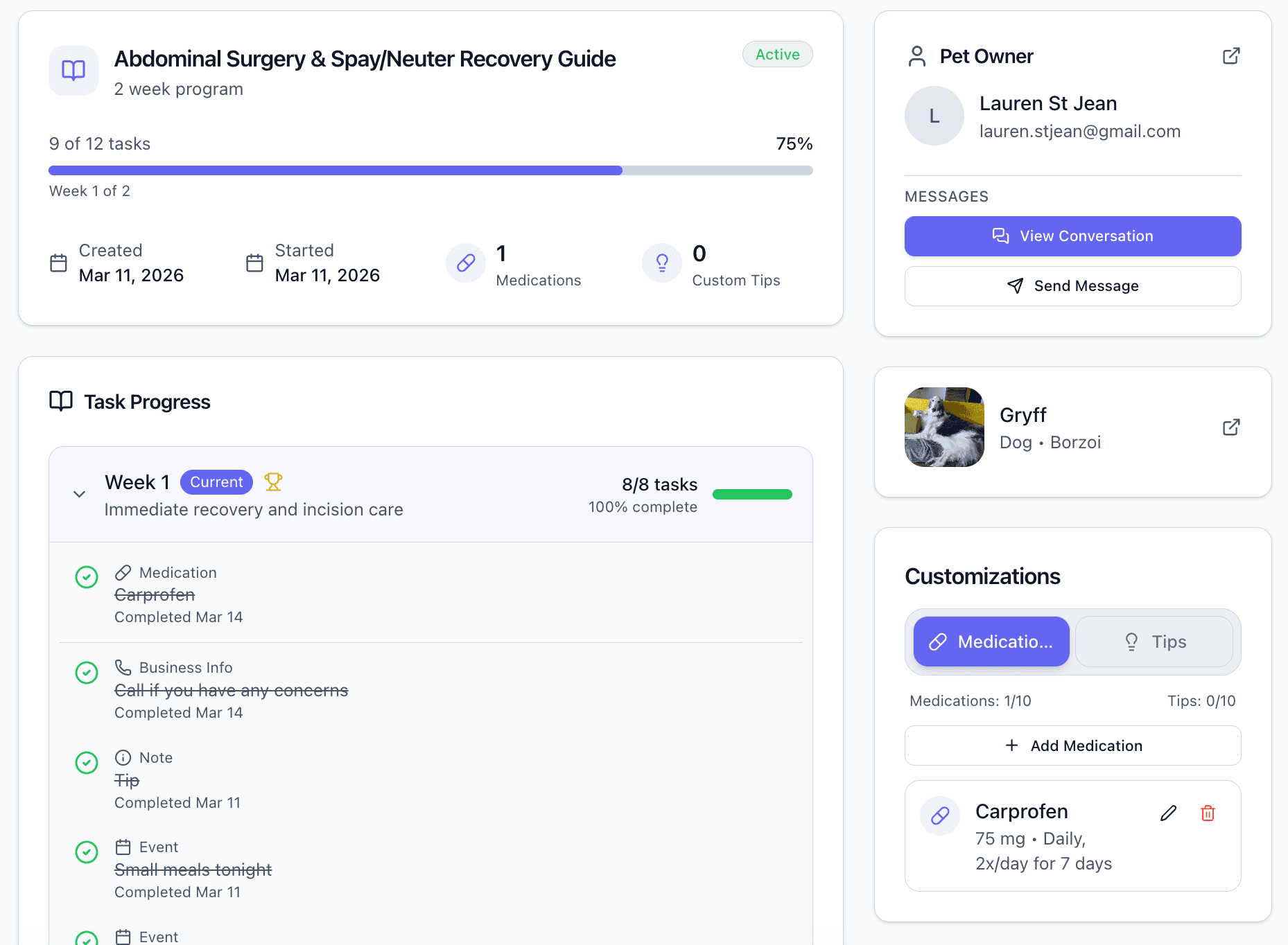Patient guide progress dashboard with tasks, owner details, and customizations
