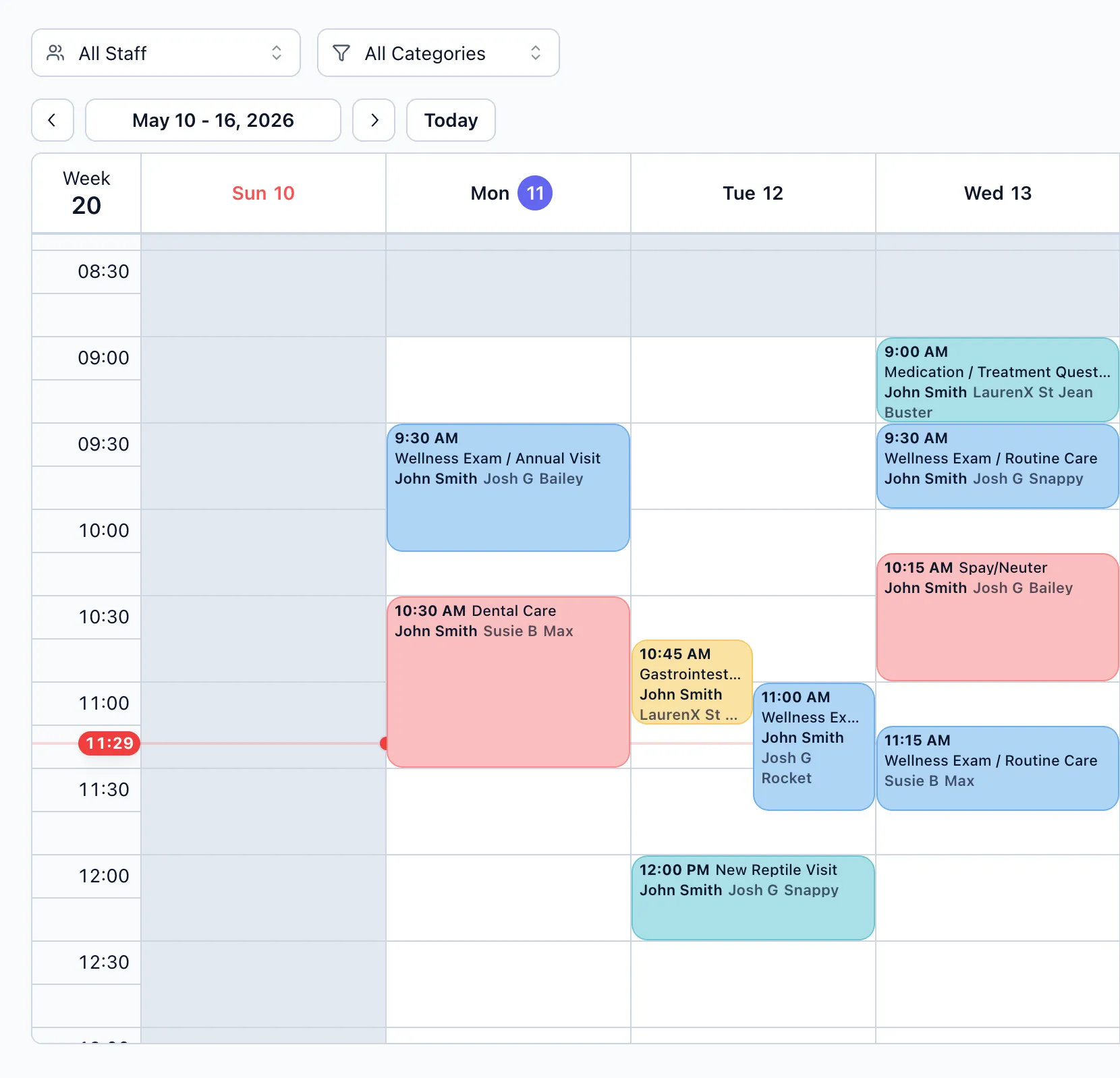 Care Connect daily schedule view with status columns