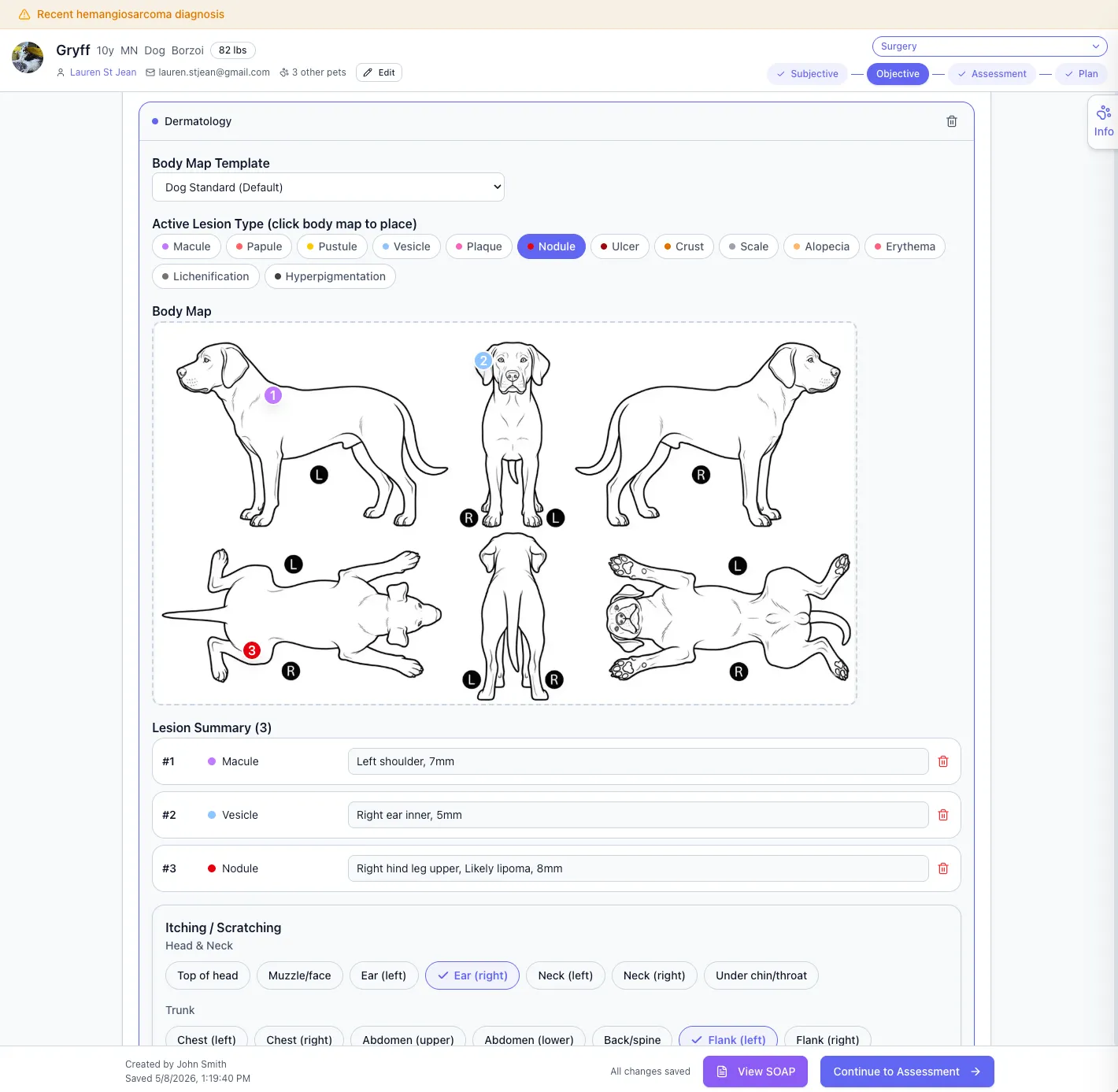 Care Connect exam workflow with an interactive body map