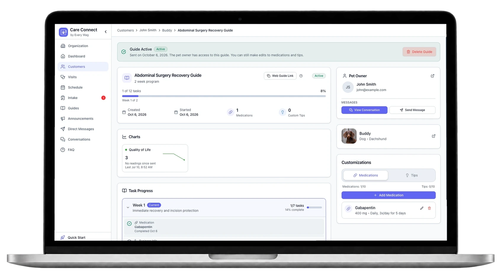 Care Connect guide with completed tasks and progress visible to the clinic