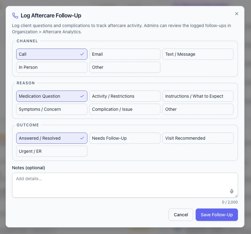 Care Connect follow-up form with channel, reason, outcome, and optional notes fields.